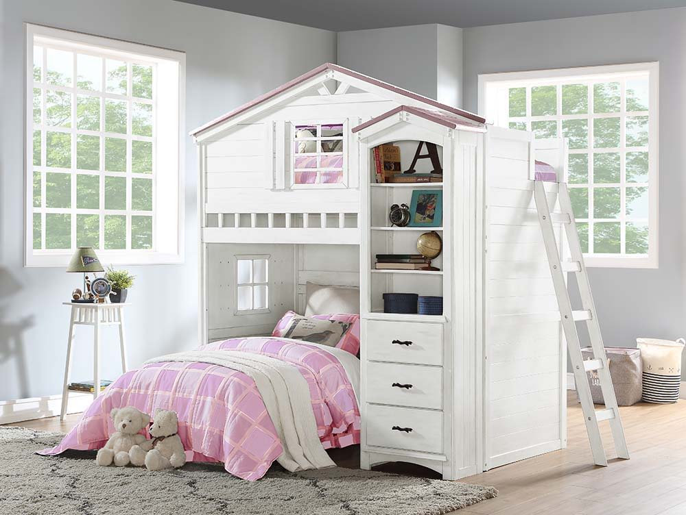 Tree House - Twin Loft Bed - Pink & White Finish