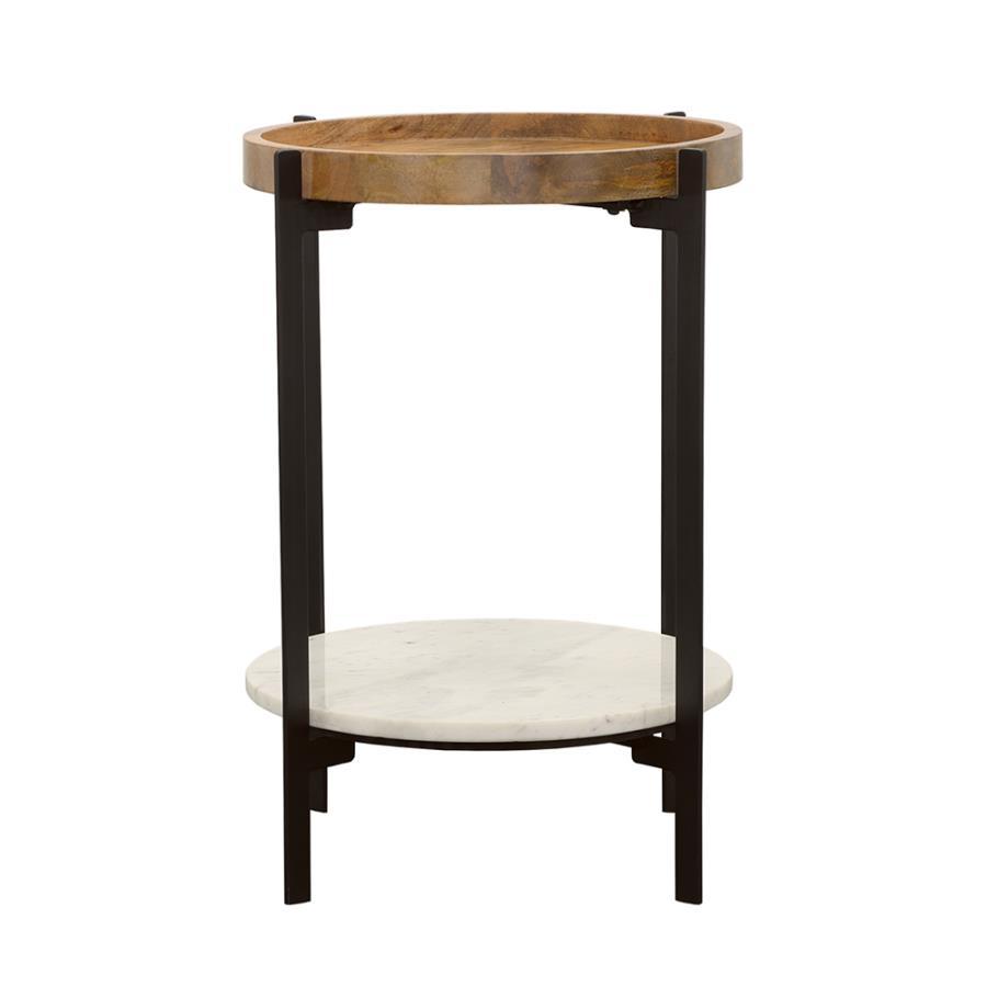 Adhvik - Round Accent Table With Marble Shelf - Light Brown