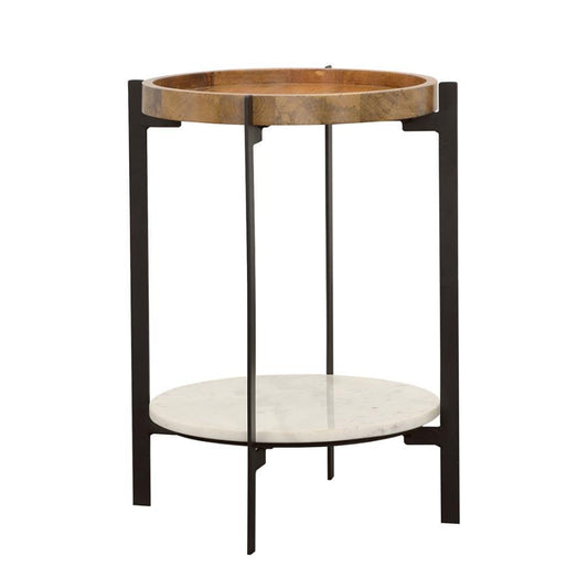 Adhvik - Round Accent Table With Marble Shelf - Light Brown