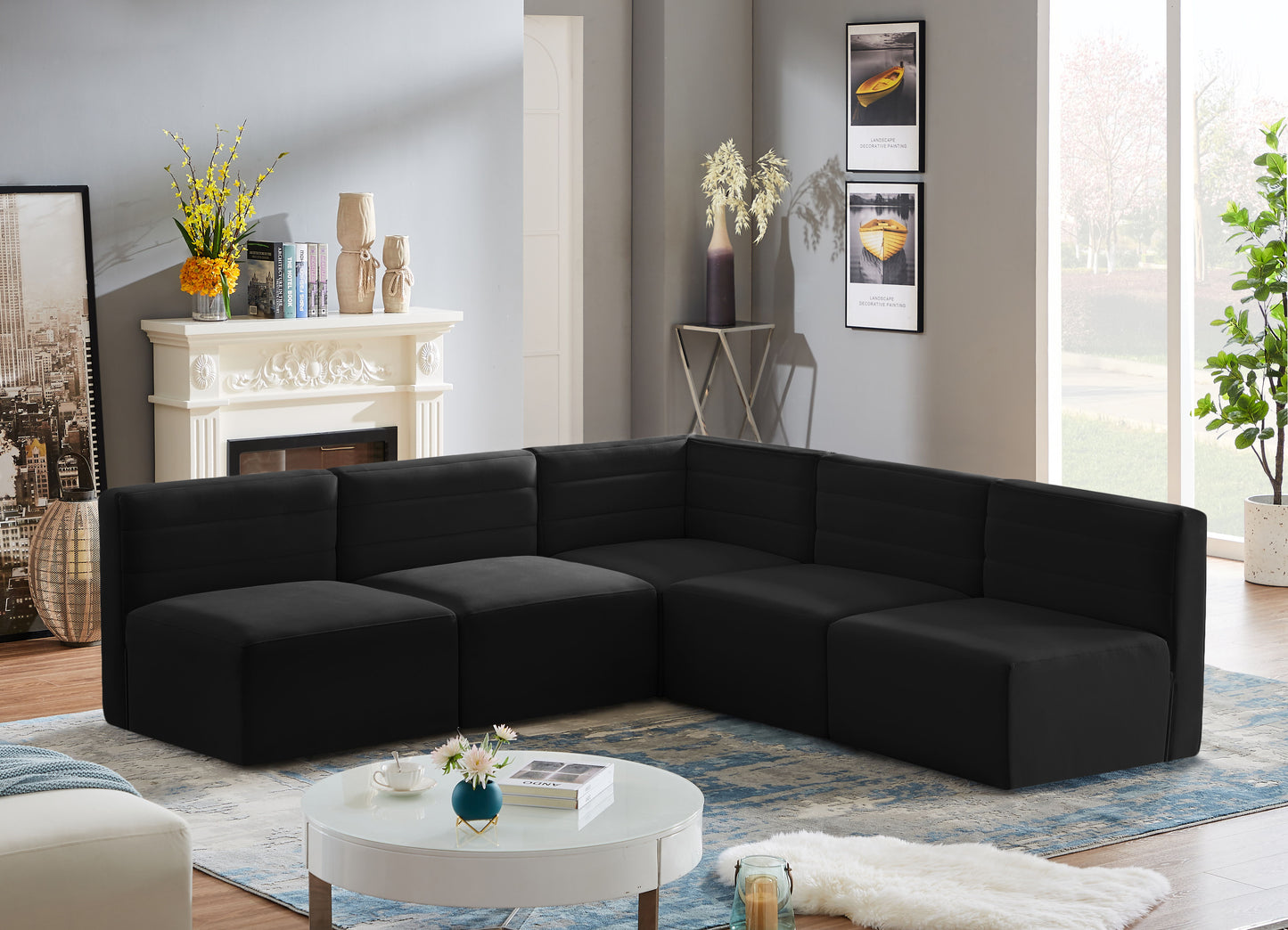 Quincy - Modular Sectional -5 pcs. Black  Velvet Modern & Contemporary