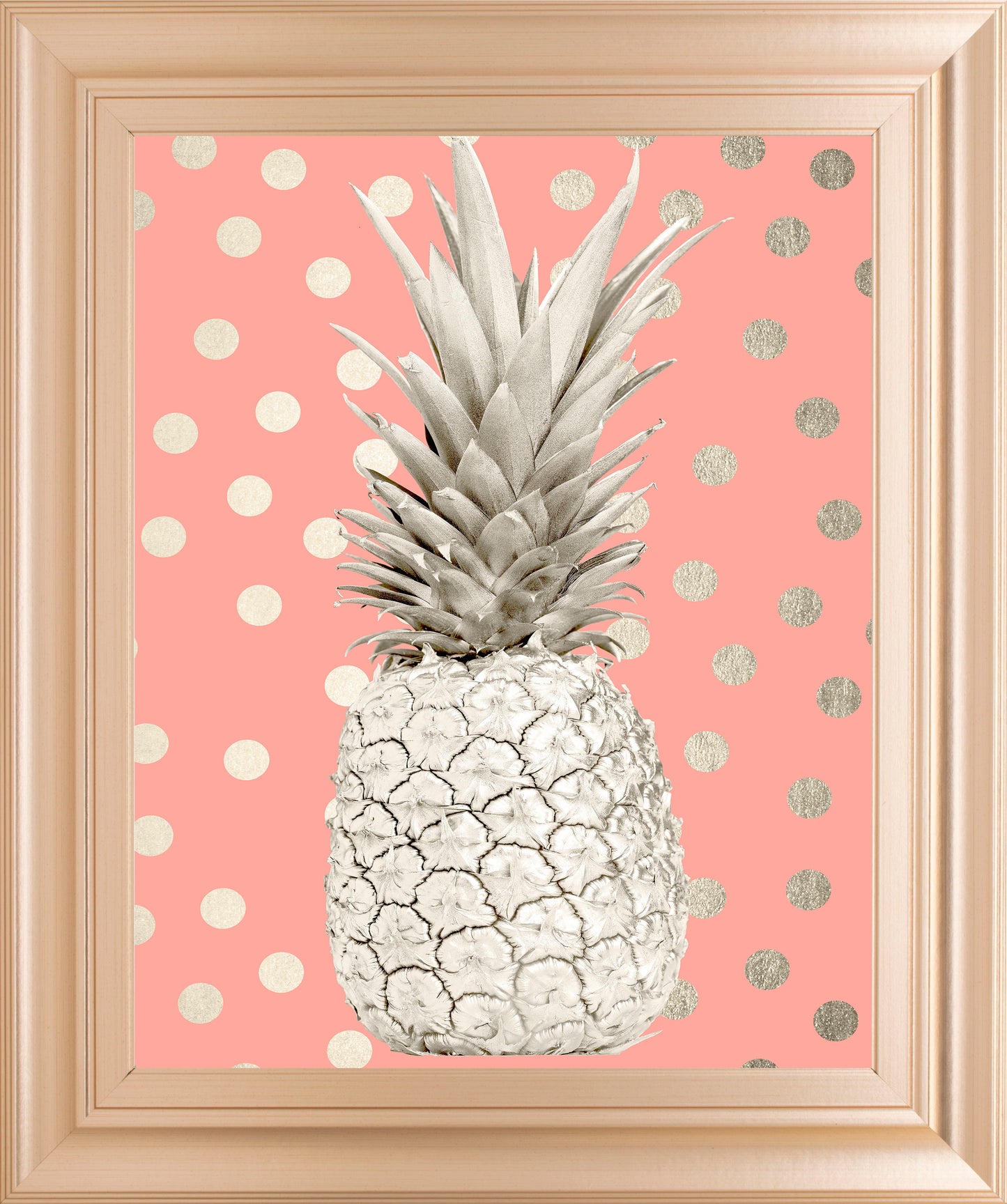 White Gold Pineapple On Polka Dots Pink By Nature Magick - Framed Print Wall Art