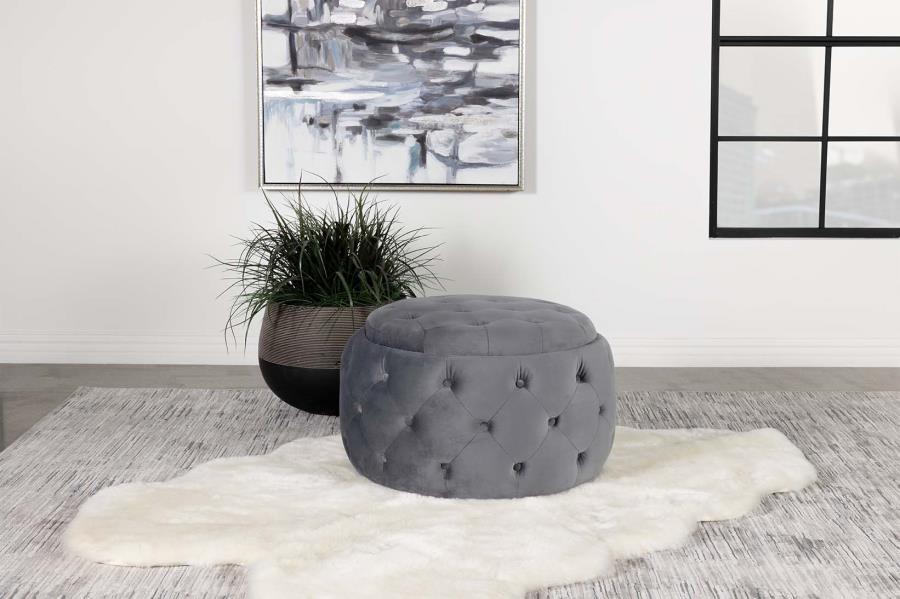 Angelina - Tufted Storage Round Ottoman - Steel Gray