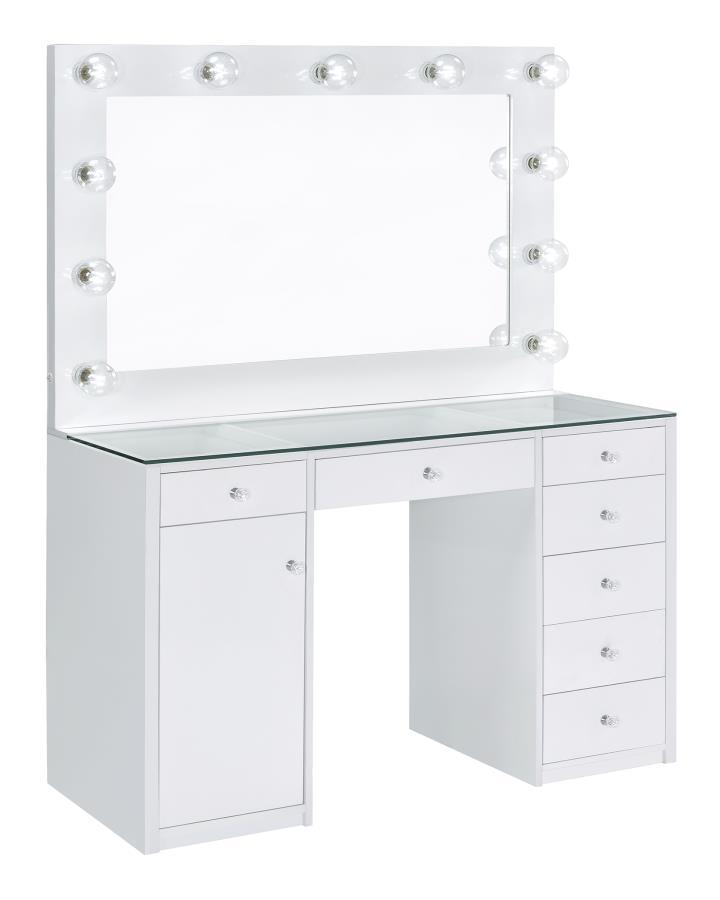 Percy - 7-Drawer Hollywood Glass Top Vanity Desk With Lighting - White