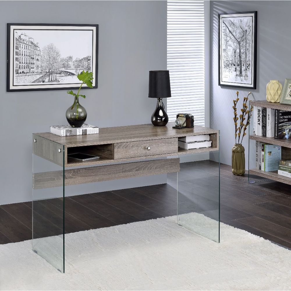 Armon - Desk - Gray Oak & Clear Glass