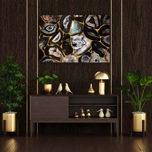 Black gold agate stone tempered glass wall art