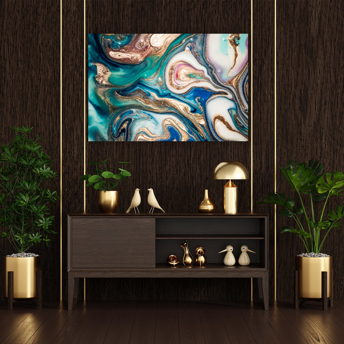 Teal gold abstract tempered glass wall art