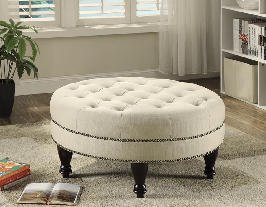 Elchin - Round Upholstered Tufted Ottoman - Beige