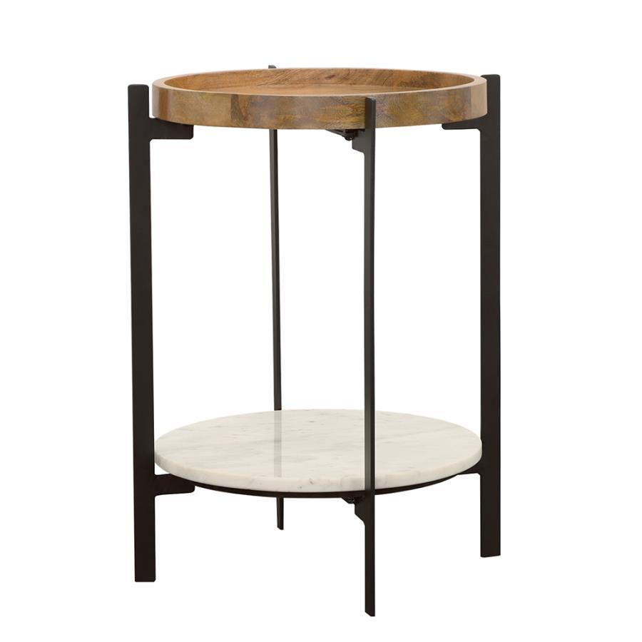 Adhvik - Round Accent Table With Marble Shelf - Light Brown