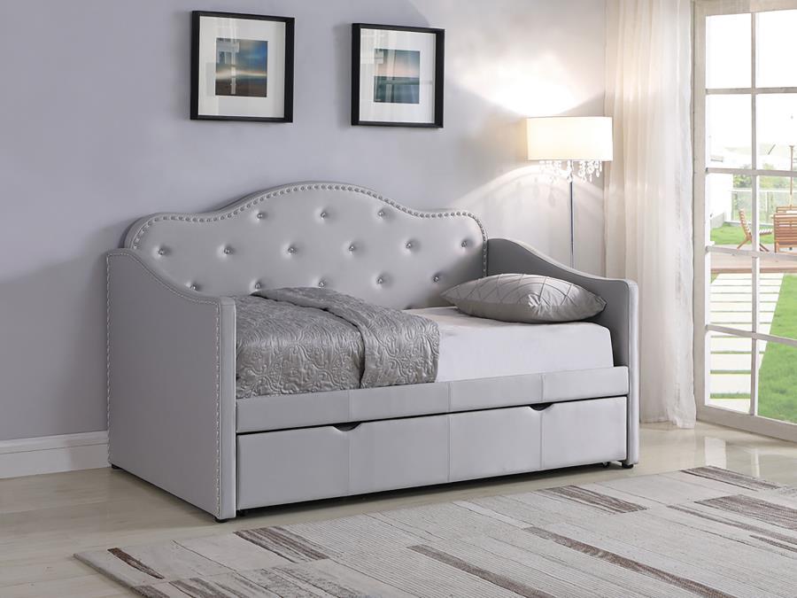 Elmore - Upholstered Twin Day Bed With Trundle - Pearl Silver