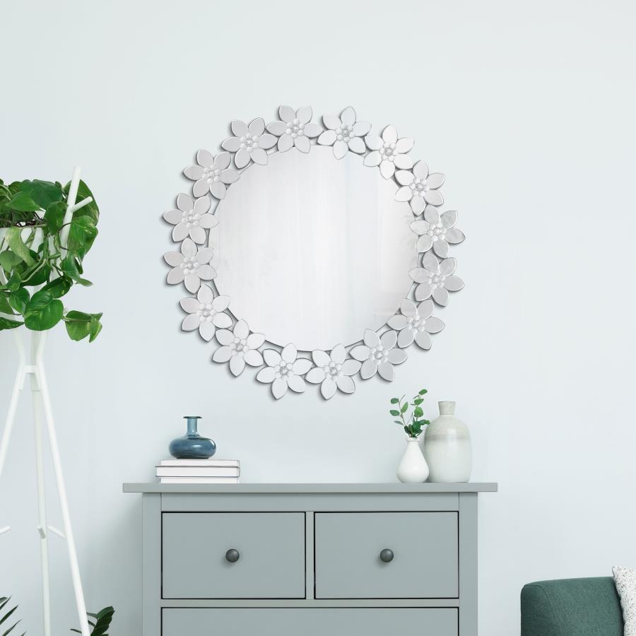 Cordelia - Accent Mirror With Floral Frame - Pearl Silver