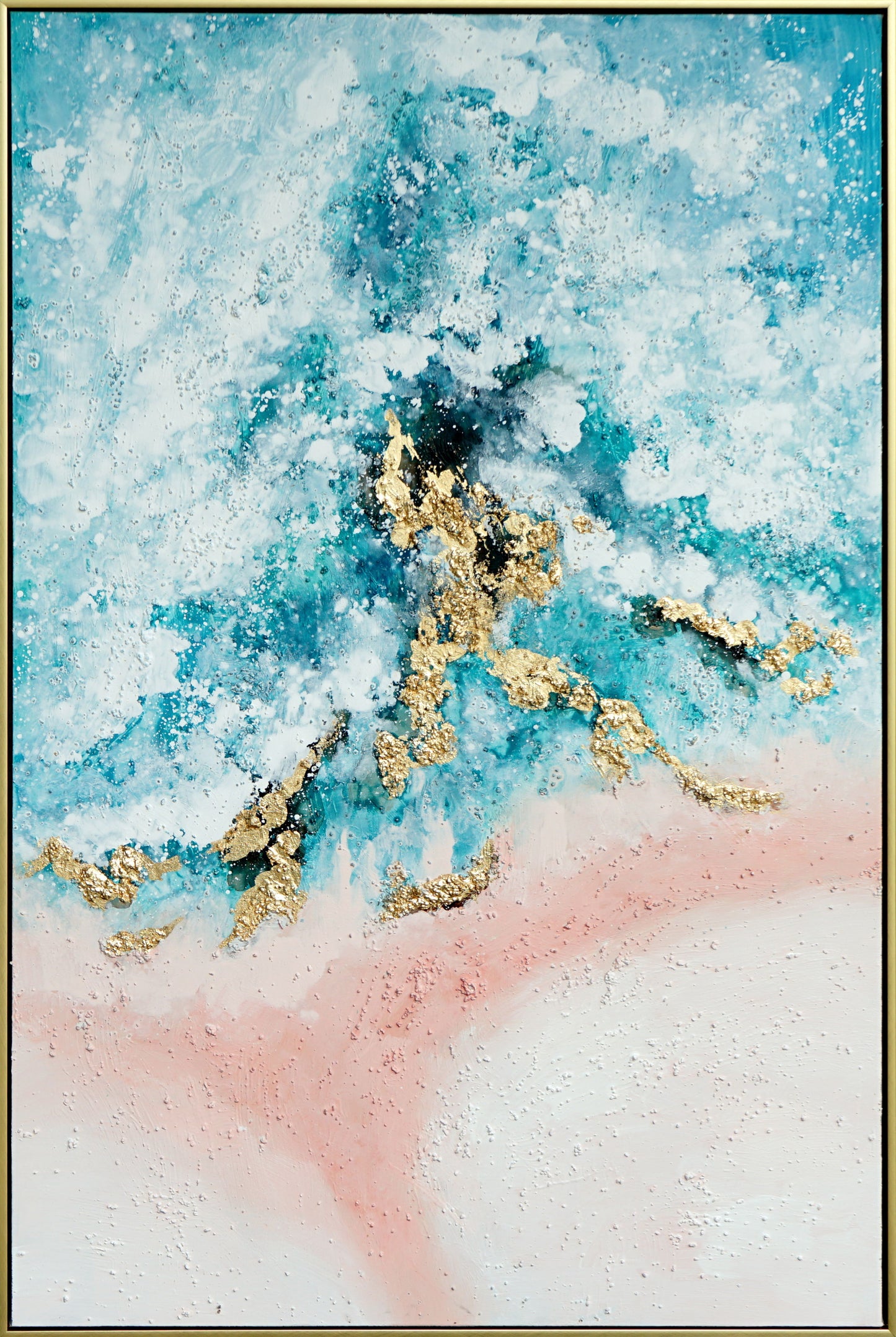 Hand Painted Textured Canvas With Foil In Frame Seashore In Gold 47 x 32
