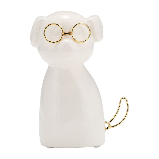 Ceramic 7" Puppy With Gold Glasses - White