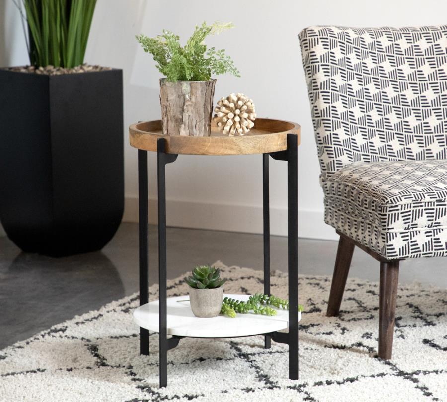 Adhvik - Round Accent Table With Marble Shelf - Light Brown