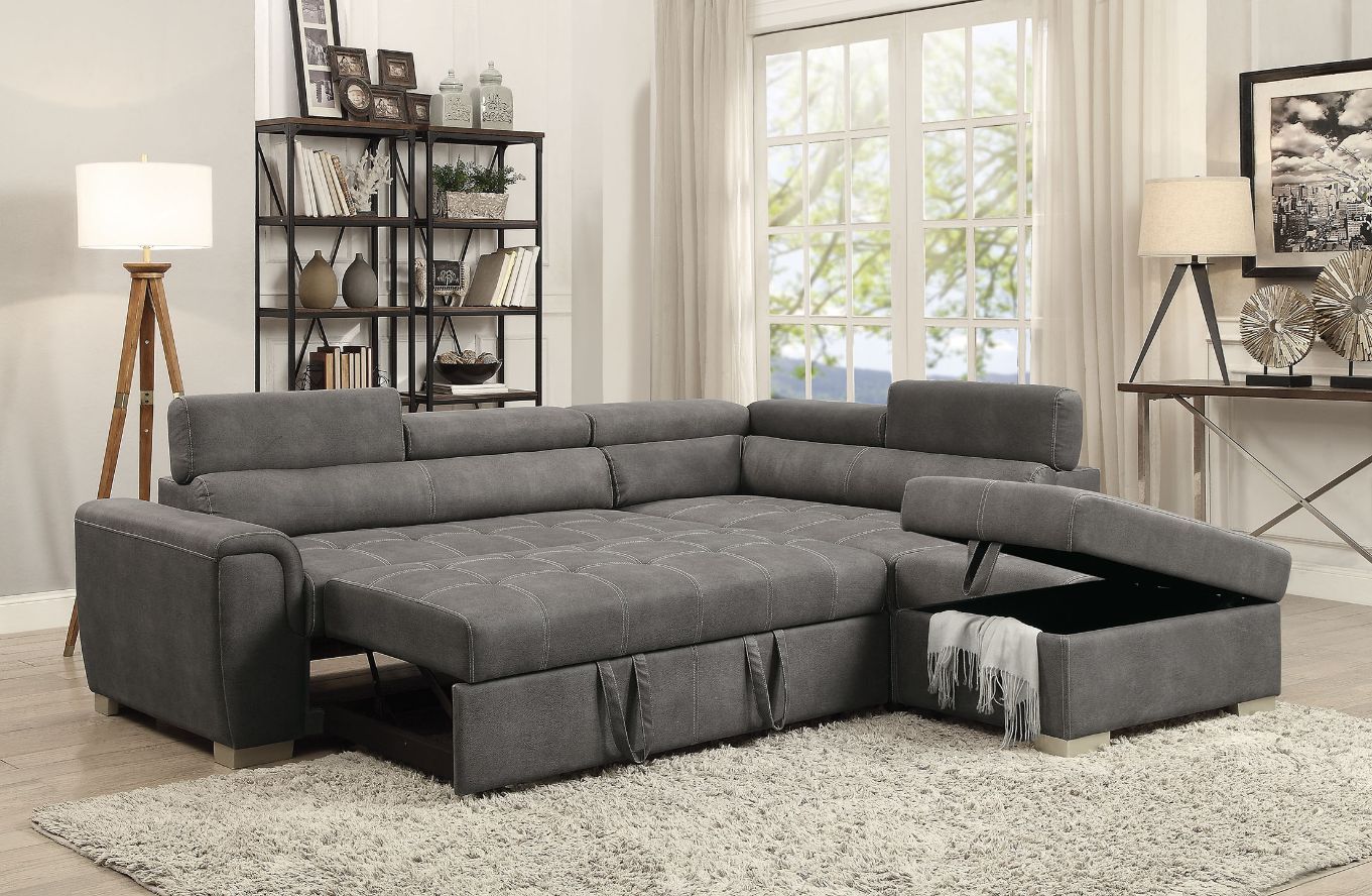 Thelma Sectional Sofa Sleeper - Gray Polished Microfiber