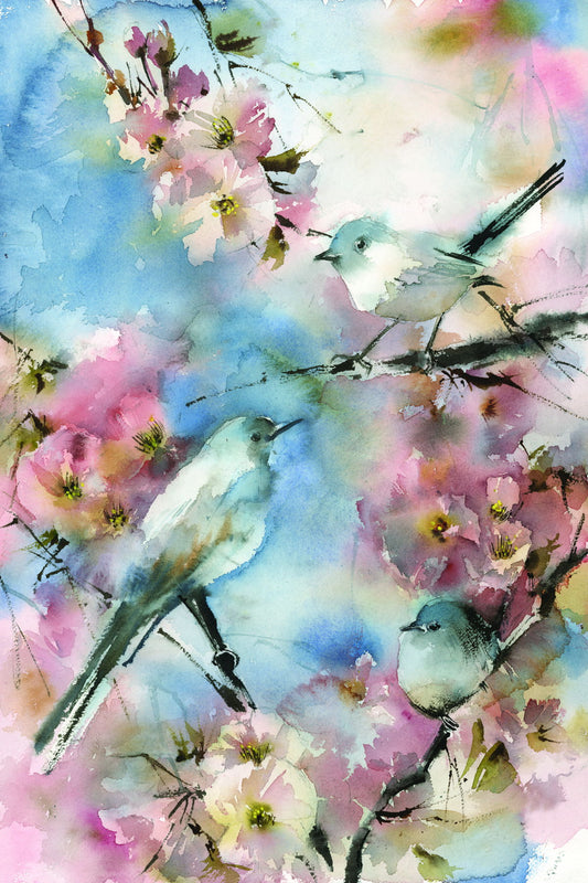 Framed Small - Blue Bird In Cherry Blossoms By Sophia Rodinov
