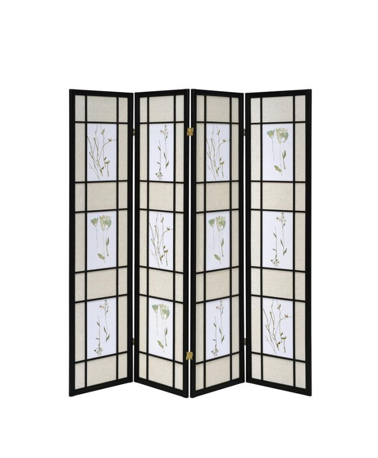 Catabella - 4-panel Floral Print Folding Screen - Black