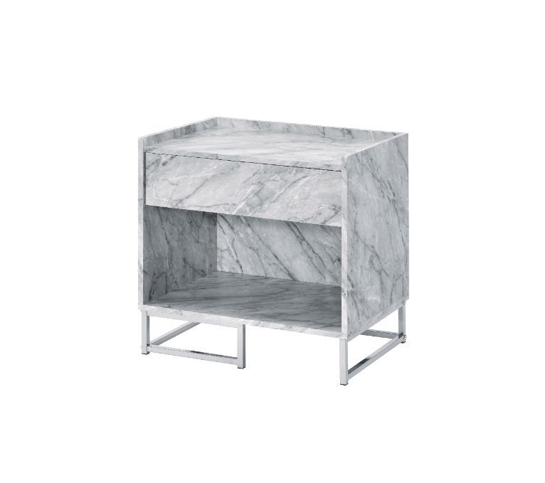 Azrael - Accent Table - White Printed Faux Marble & Chrome Finish