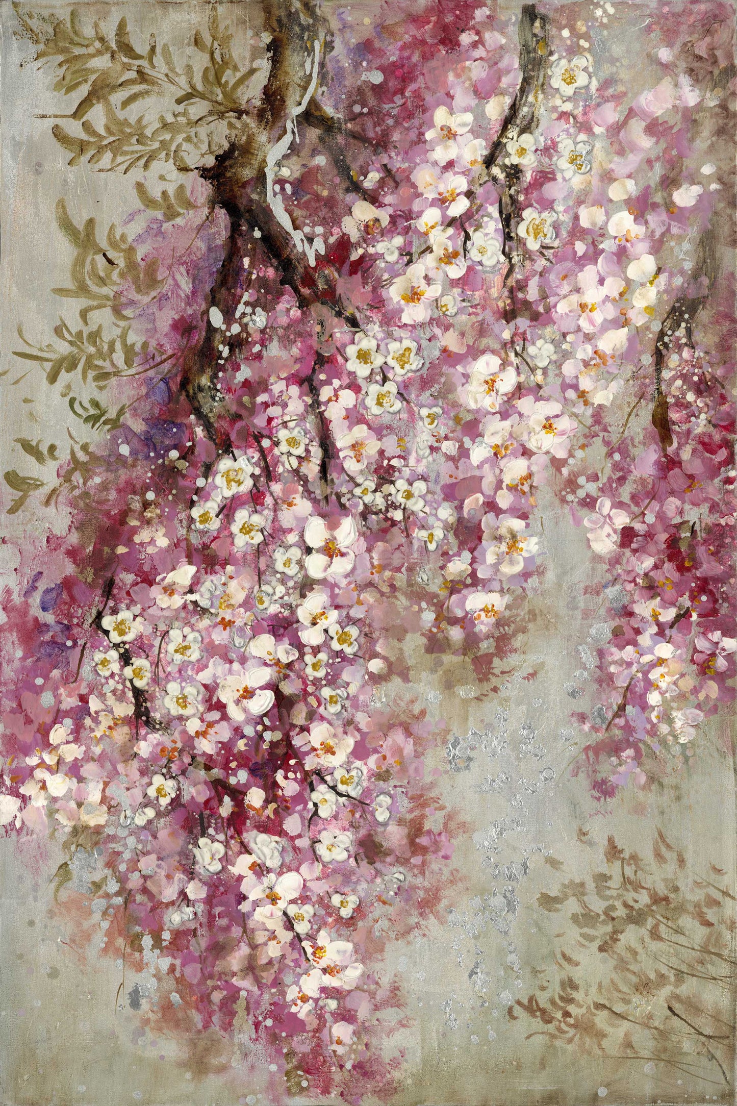 Hand Painted Textured Canvas Flowering Branch 32 X 48