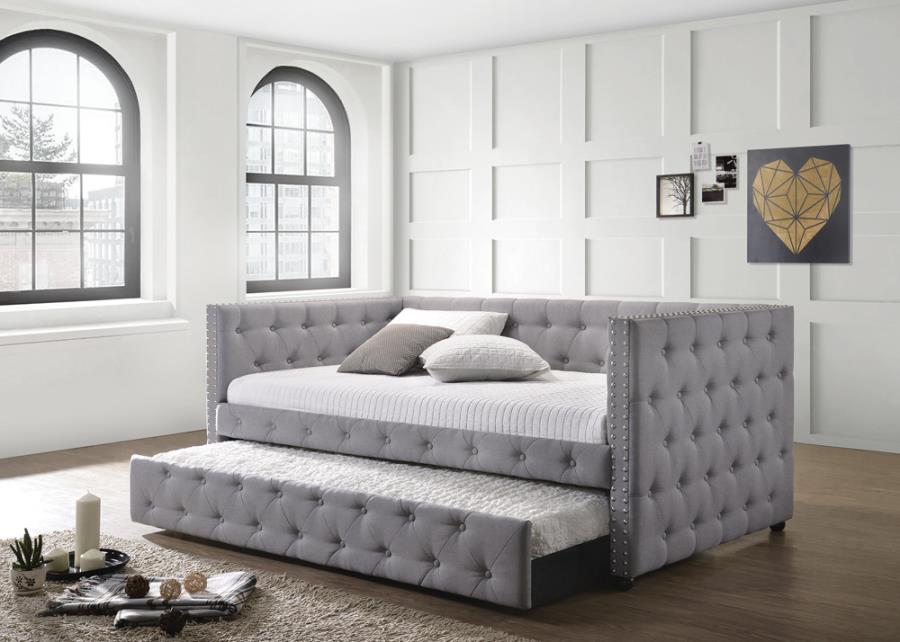 Mockern - Tufted Upholstered Day Bed With Trundle - Gray