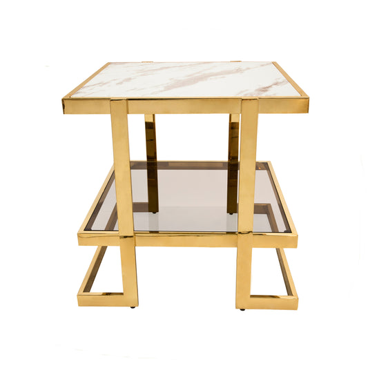 Metal / Marble Glass Side Table - Gold / White