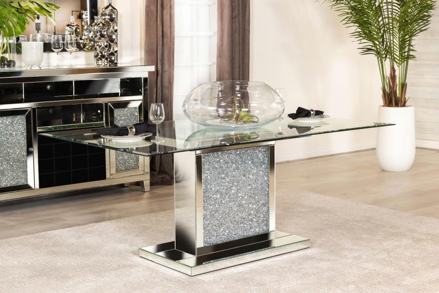 Marilyn Pedestal Rectangle Glass Top Dining Table - Pearl Silver