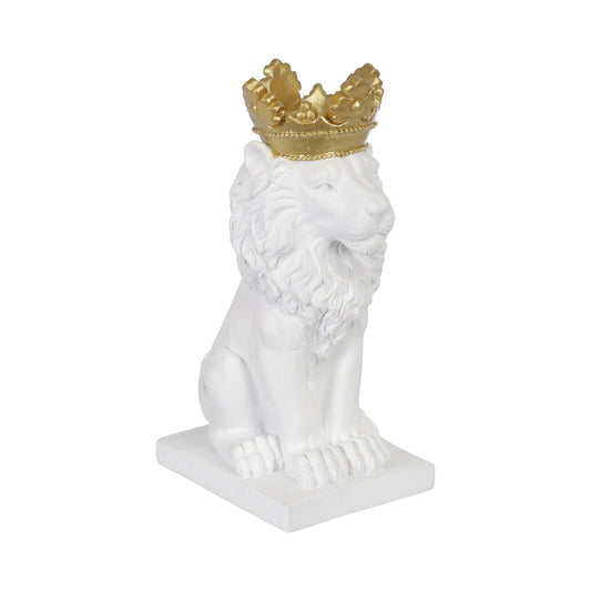 Polyresin Lion With Crown Figurine 8" - White / Gold