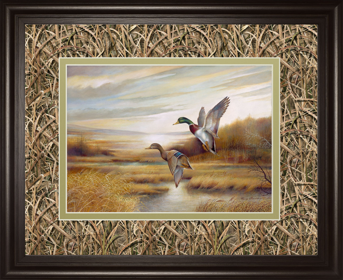 Mallards By Ruanne Manning And Mossy Oak Native Living - Framed Print Wall Art - Dark Brown