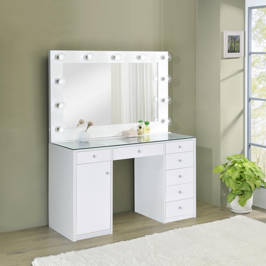 Percy - 7-Drawer Hollywood Glass Top Vanity Desk With Lighting - White