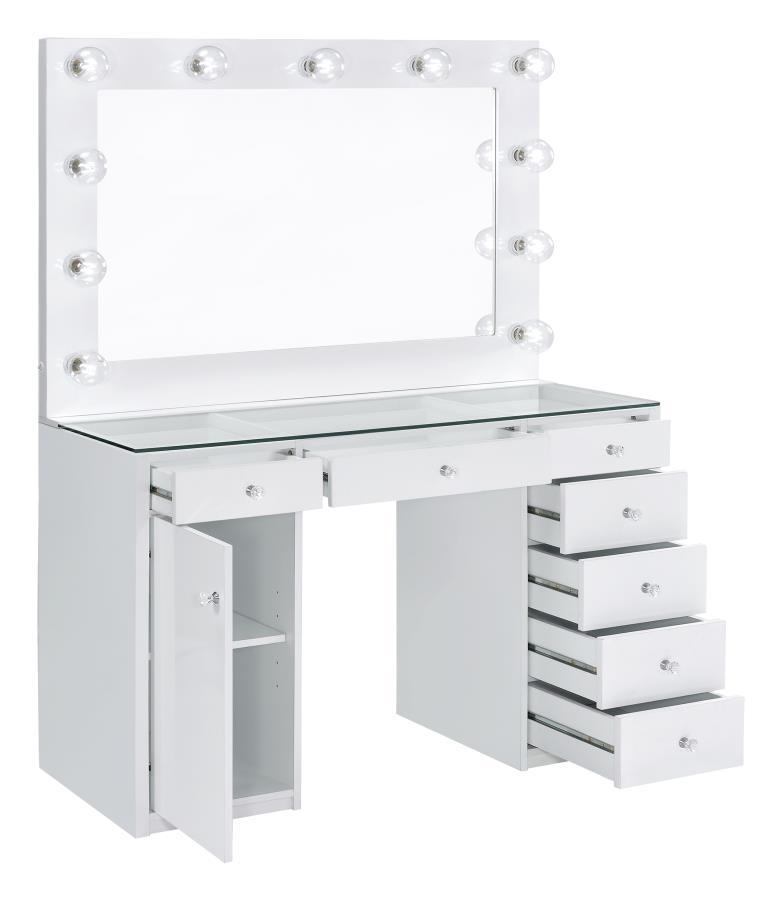 Percy - 7-Drawer Hollywood Glass Top Vanity Desk With Lighting - White