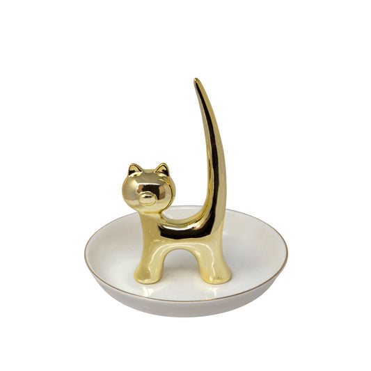 Ceramic Cat Ring Holder 6" - White / Gold